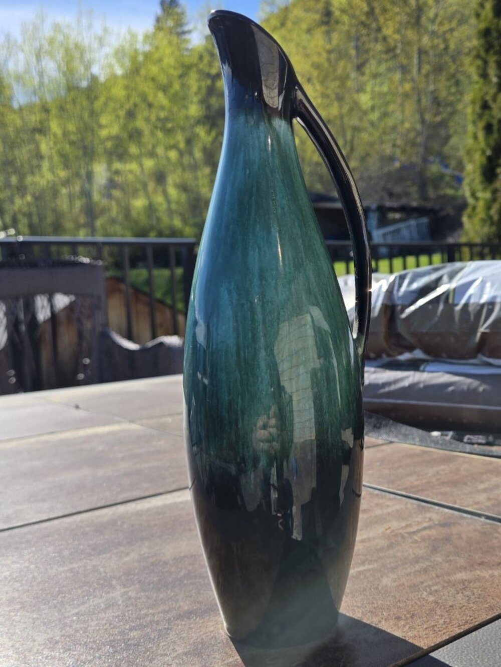 Blue Mountain Pottery Pitcher Green Black Drip Glaze MCM Canada Ewer 12" Vase - Picture 3 of 9